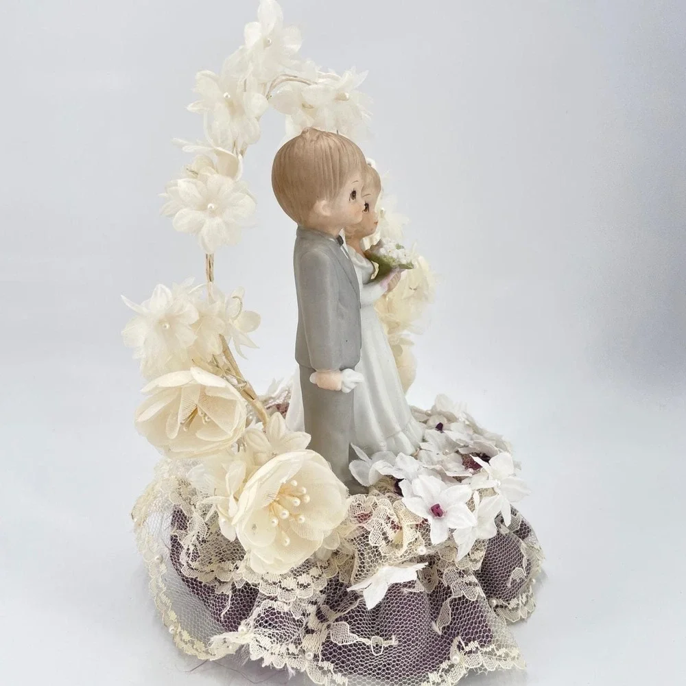 Vintage Wedding Cake Topper Porcelain Bride Groom Floral Arch Lace